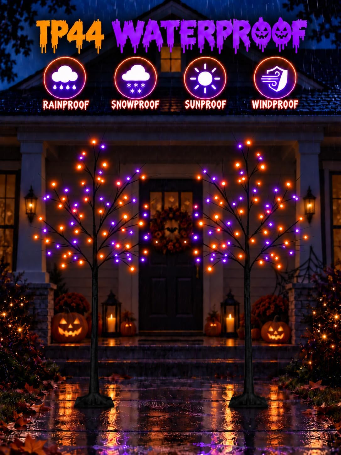 Black Halloween Tree with Purple and Orange Lights, 2Pack 6FT 300LED