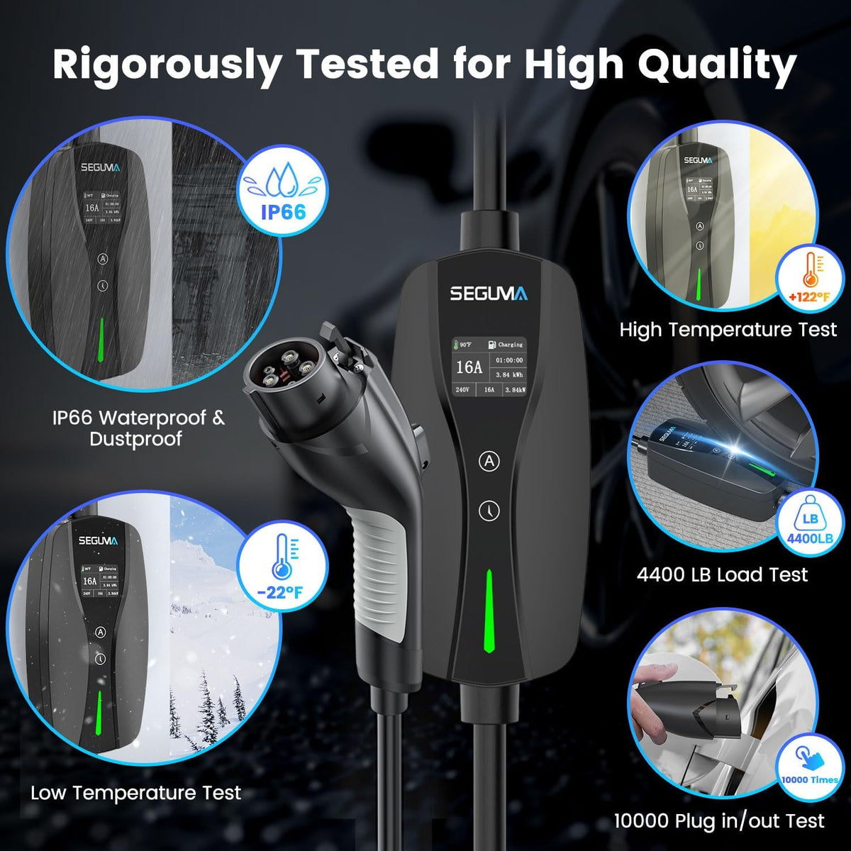 SEGUMA Level 1/2 EV Charger, 16Amp Adjustable Current for J1772 BEVs/PHEVs