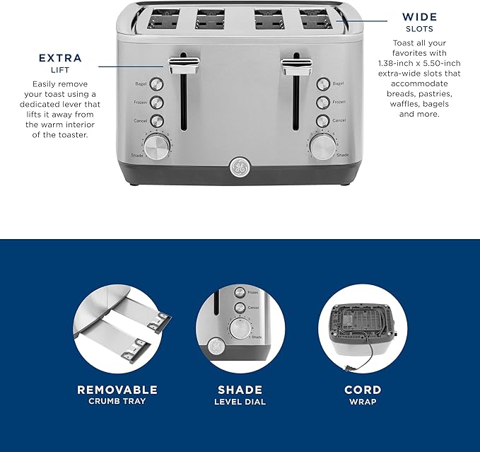 GE Stainless Steel 4 Slice Toaster | Extra Wide Slots