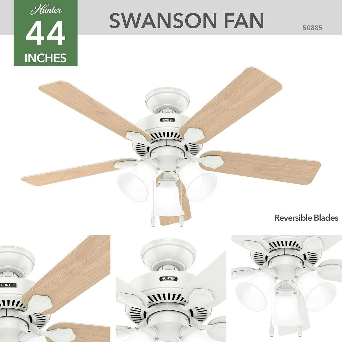 Hunter Swanson, Indoor, Ceiling Fan, with LED Lights, 44 inch, Fresh White