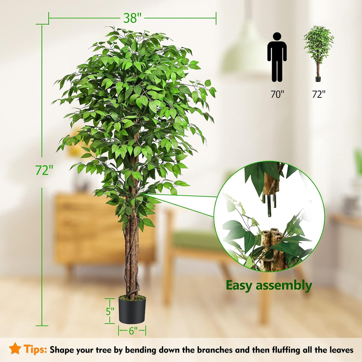 6.2ft Ficus Artificial Trees with 3 Natural Curved Trunks, 74" Tall Lush...