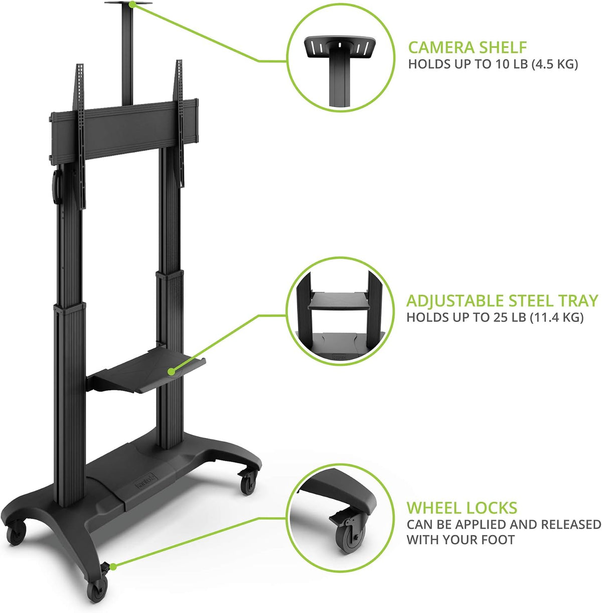 Kanto MTMA100PL Height Adjustable Mobile TV Mount with Adjustable Shelf for 5...