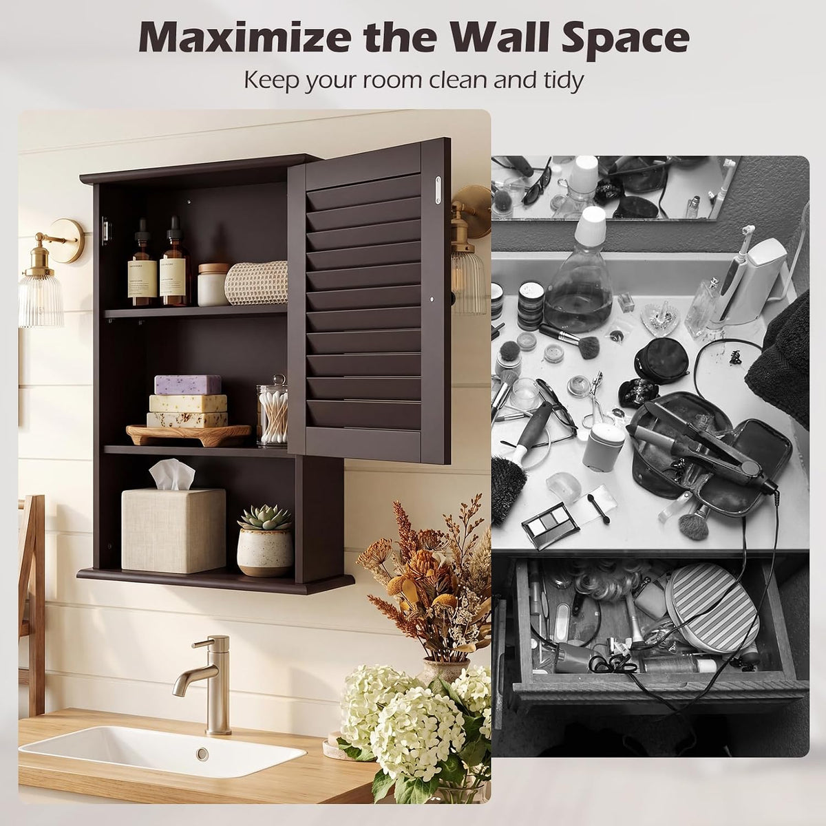 Tangkula Medicine Cabinet, Wall Mounted Bathroom Cabinet Single Door Wooden B...