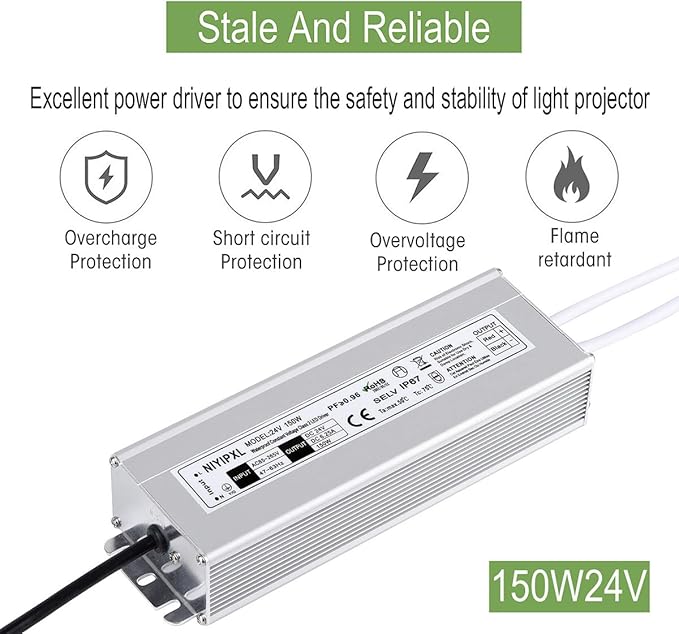 LED Driver 150 Watts 24V DC Low Voltage Transformer, Waterproof IP67 LED Power