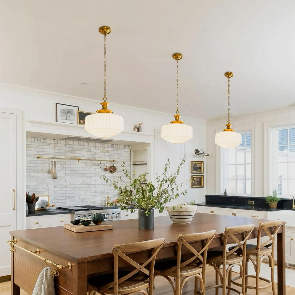Vintage Brass Milk Glass Pendant Light Fixture, 13.8" White Pleated Glas...