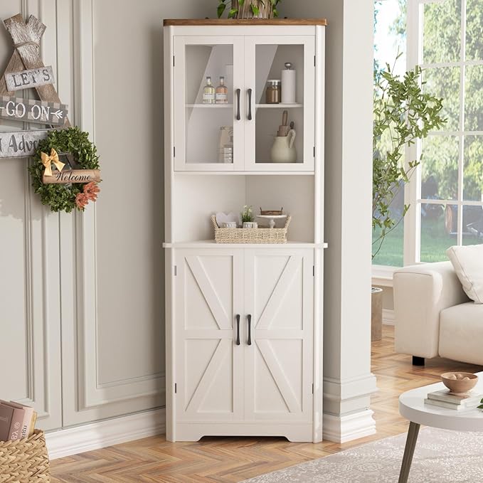67''H Tall Corner Cabinet with 4 Tempered Glass Doors and Barn Doors,...