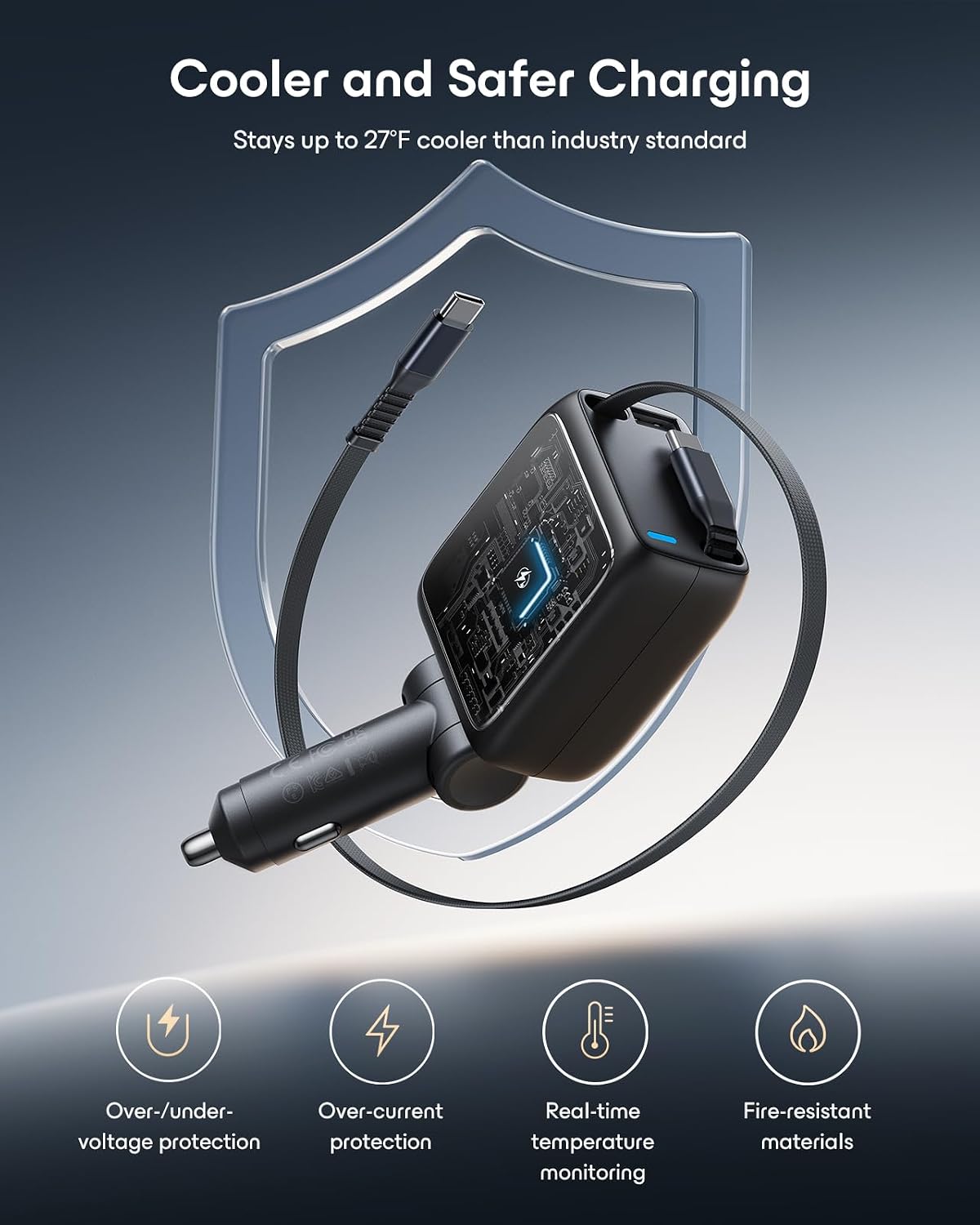 ESR Xtend 100W Retractable Car Charger with AVS, 3-in-1, USB-C & USB-A