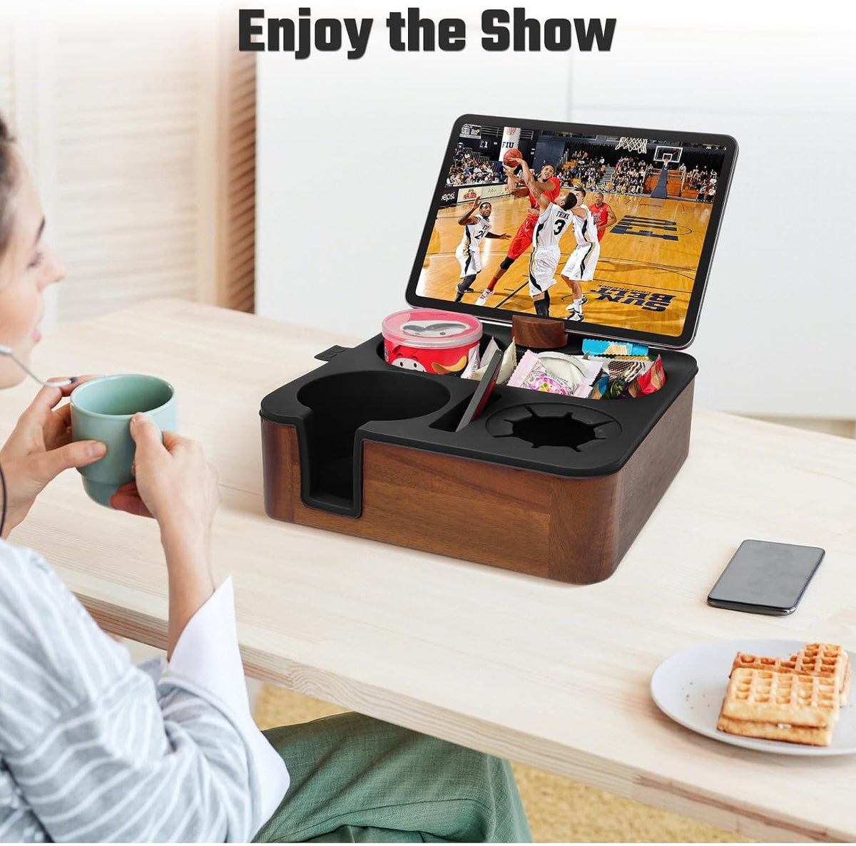 Couch Cup Holder Tray, Real Acacia Wooden Caddy with Soft Silicone, Snack and...