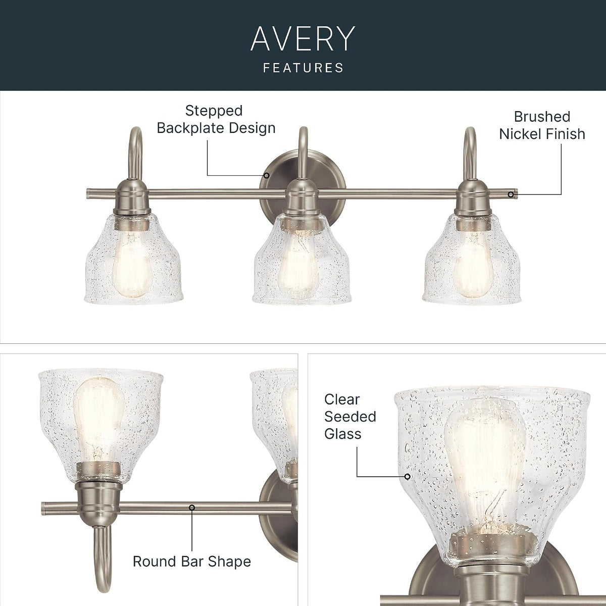 Kichler Avery 3-Light Farmhouse Vanity Light, Brushed Nickel
