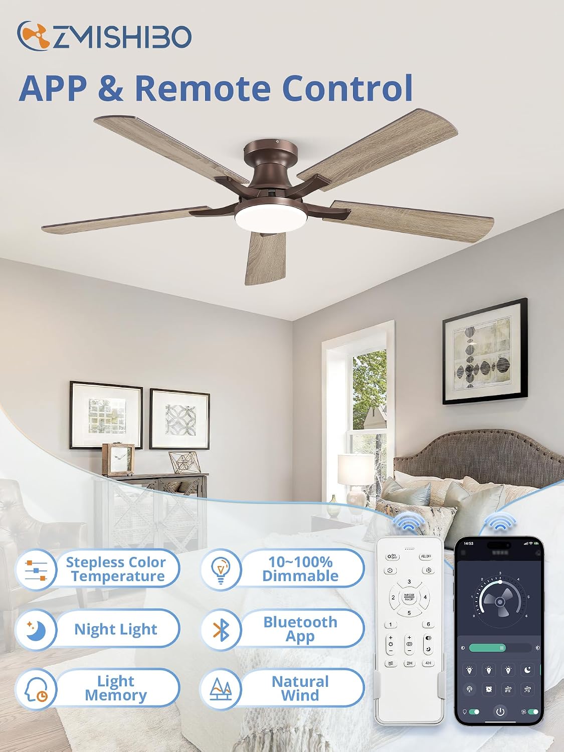 ZMISHIBO 52 Inch Ceiling Fans with Lights, Remote&App Control, Flush Mount