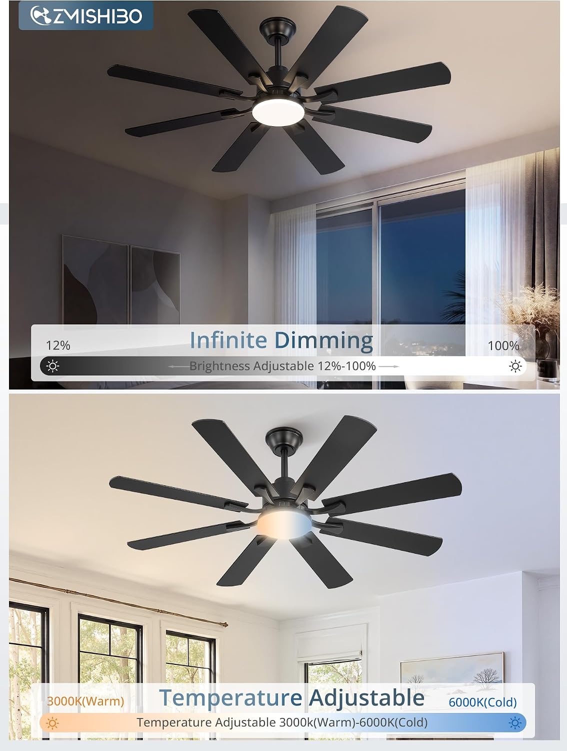 ZMISHIBO 52 inch Ceiling Fan with Light and Remote, Black