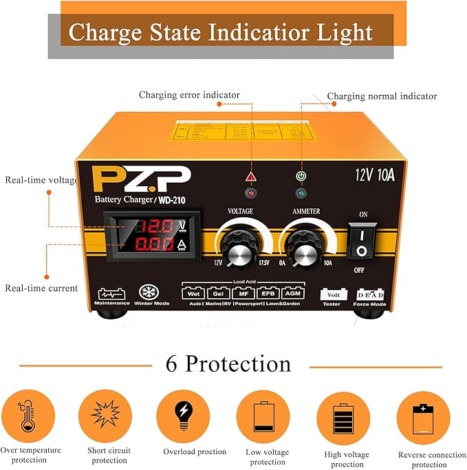 PZP 12V Manual Battery Charger Maintainer, 0 to 10A Arbitrarily Adjustable Car