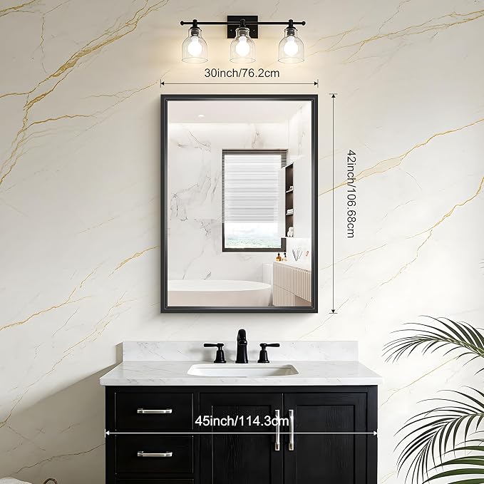Bathroom Mirror, 42 x 30 Inch Brushed Black Rectangle Mirror, 0.6" Thick...