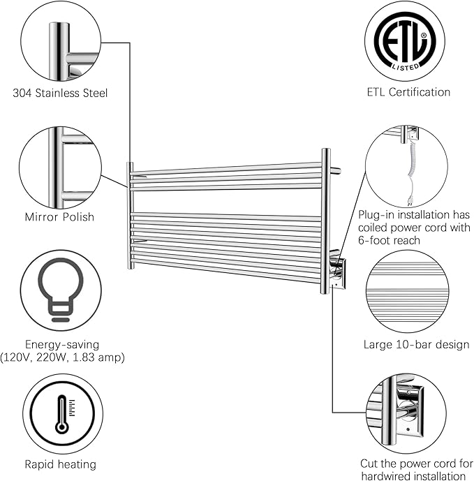 HEATGENE Towel Warmer 10 Bar Towel Dryer Wall-Mounted Plug-in Bath Towel Heater