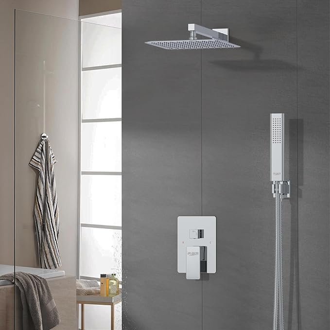 Iriber 12 Inch Bathroom Shower System Polish Chrome Wall Mounted Square Mixer
