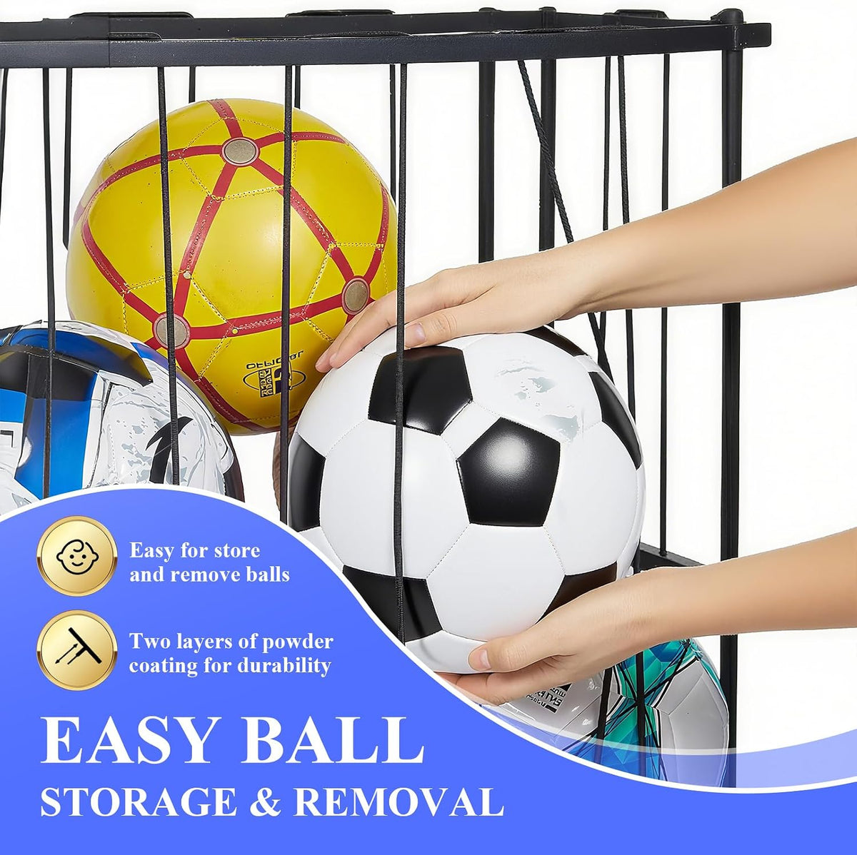 Large Garage Ball Storage Rack with Wheels for Basketball & Soccer