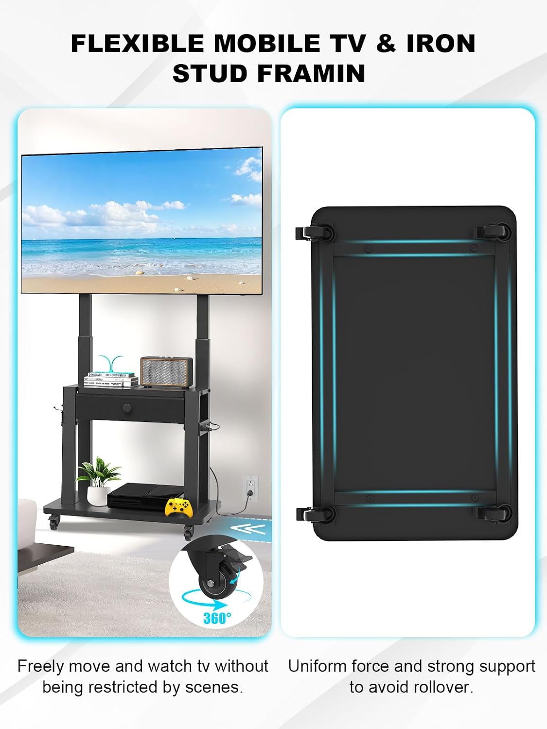 Rolling TV Stand with Power Outlet and Fabric Drawer for 32-75 Inch Flat/Curv...