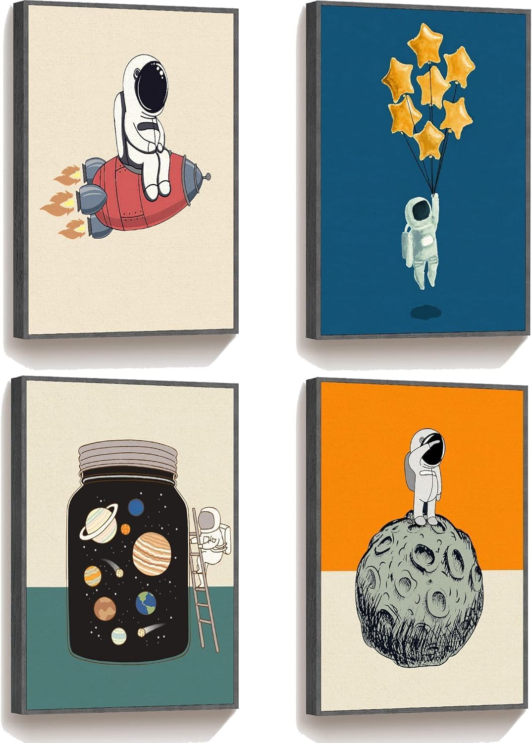 Framed Space Room Decor, 4 Piece Canvas Wall Art, 12x16 Inch | Space Room Boh...