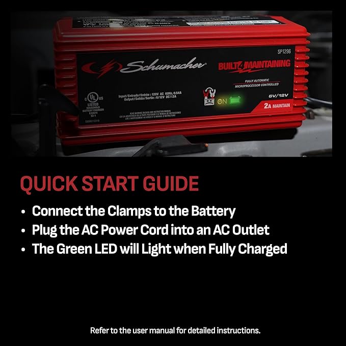 Schumacher Electric 2A Car Battery Charger and Maintainer, 3-in-1 Solution