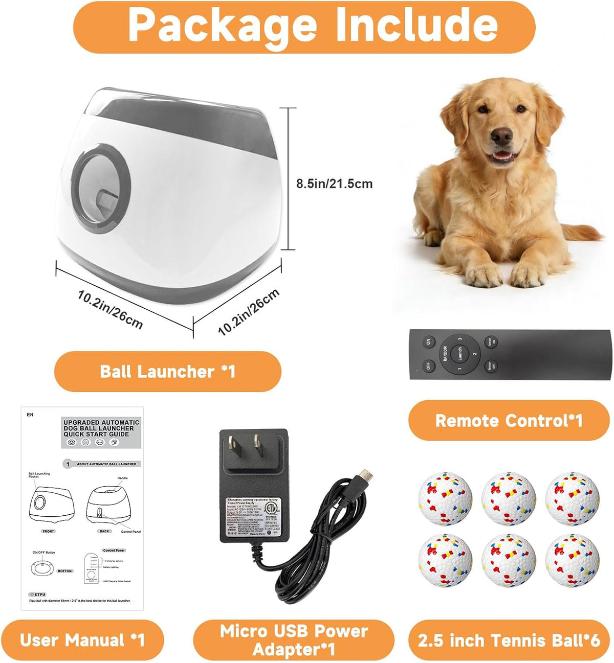 Automatic Dog Ball Launcher, 6 ETPU Balls, Adjustable Distance