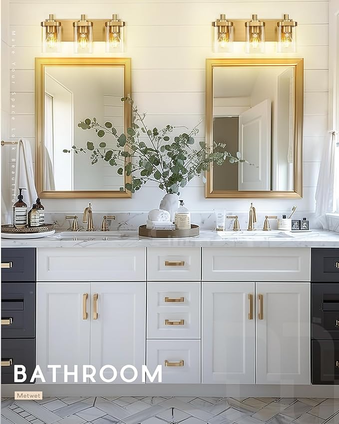 METWET Bathroom Light Fixtures Over Mirror, 3-Light Brushed Gold Vanity Light