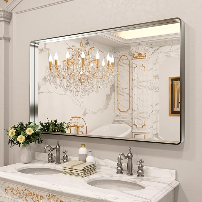 LOAAO 60X36 Inch Brushed Nickel Bathroom Mirror, Rounded Rectangle Silver Metal