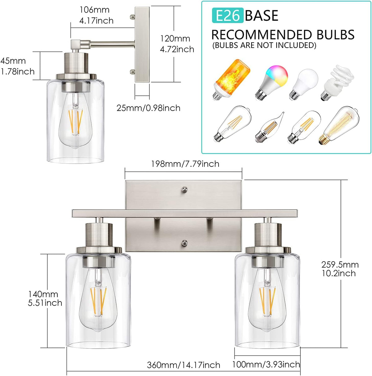 ShineTech 2-Light Bathroom Vanity Light, Brushed Nickel Modern Wall Sconce