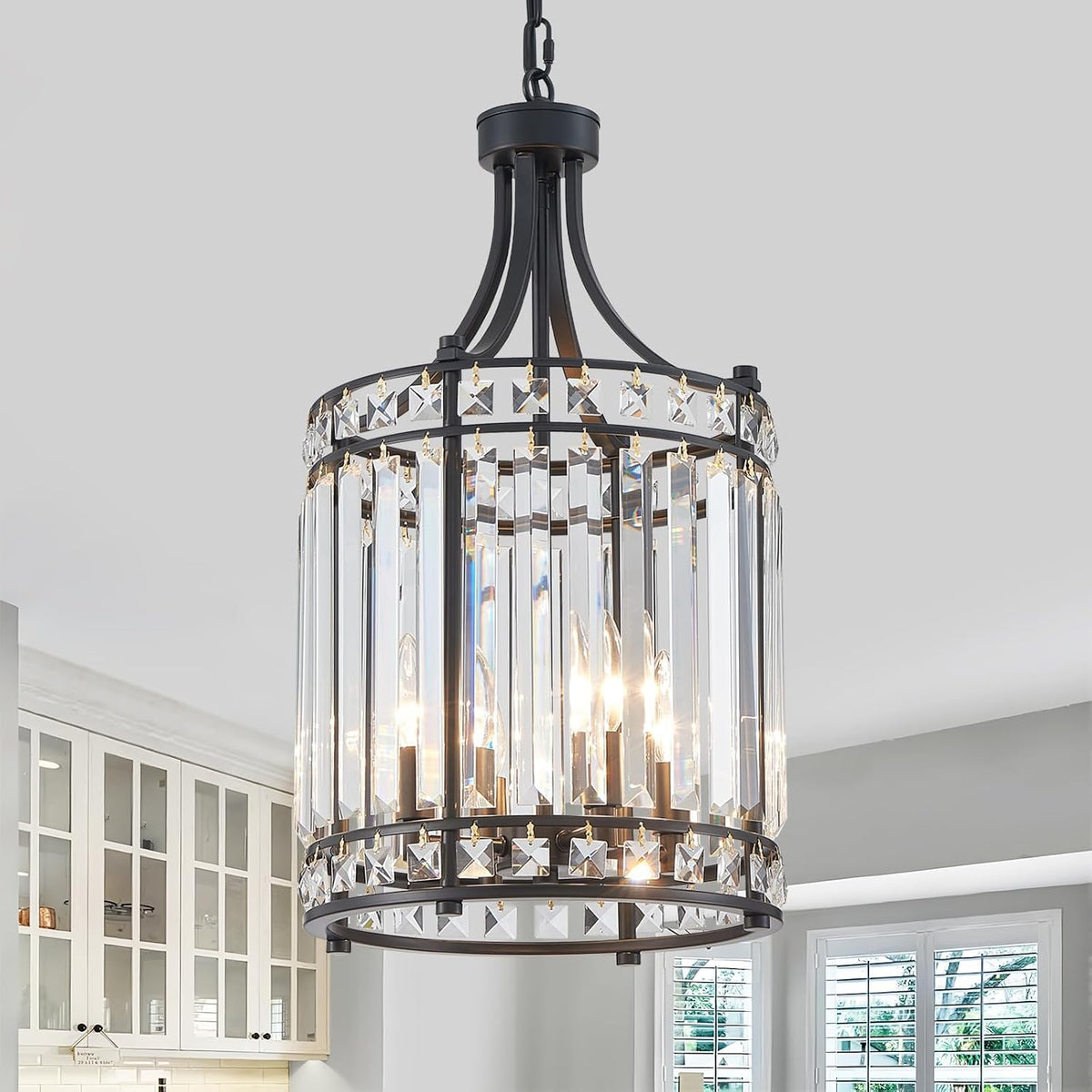 Lantern Crystal Chandeliers for Dining Room, Black 4 Light Farmhouse Geometri...