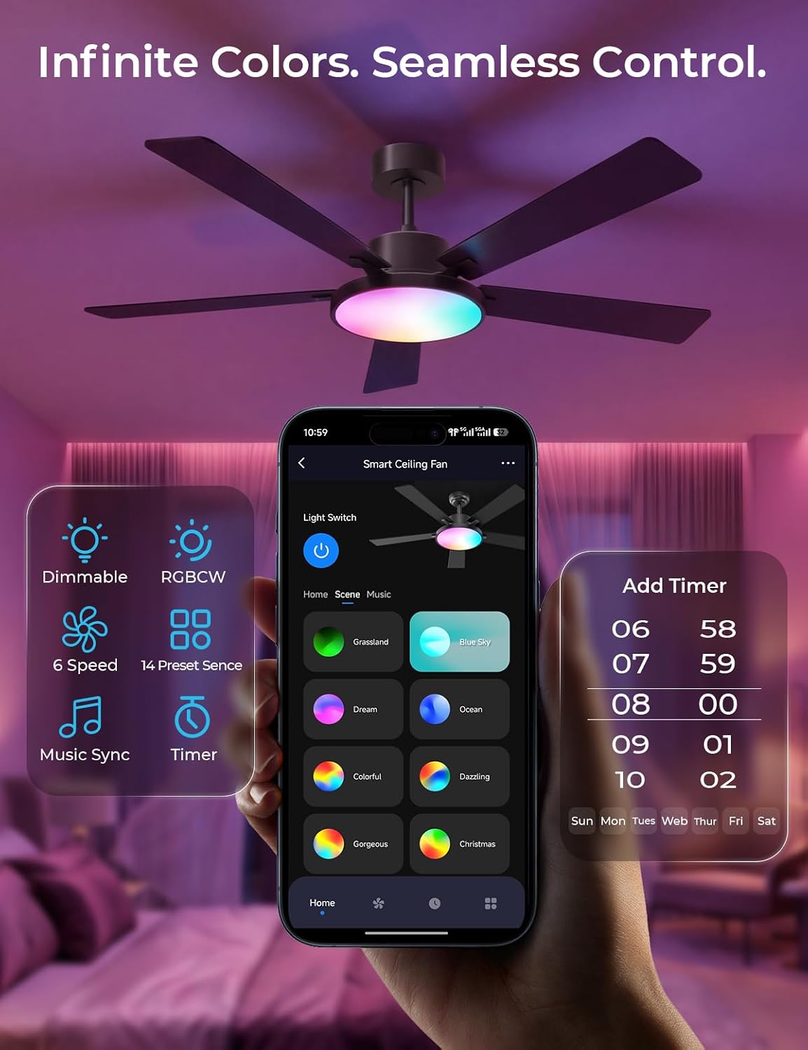 CINOTON 52" Smart Ceiling Fans with Lights and Remote, App Control, Black