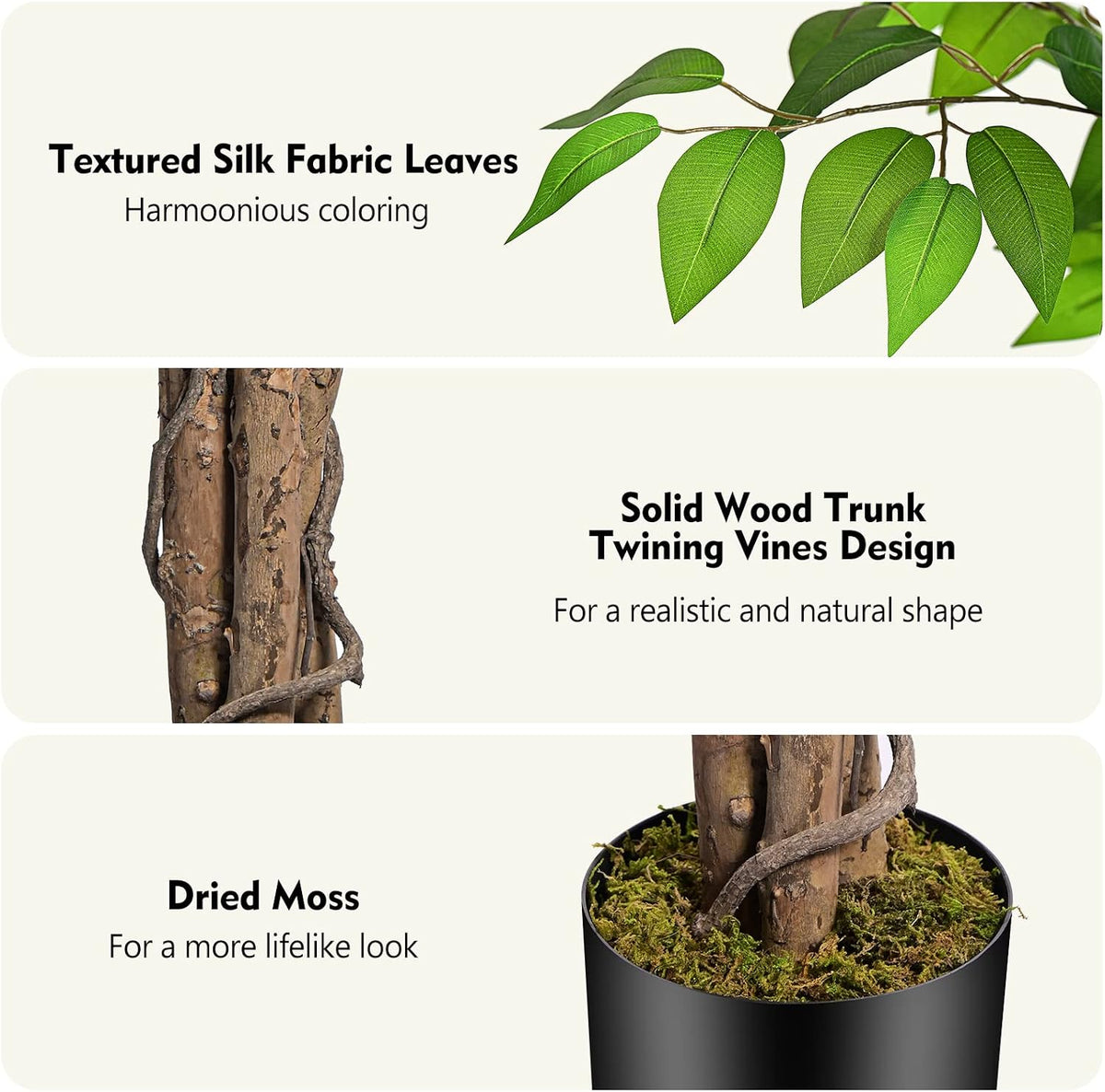 6.2ft Ficus Artificial Trees with 3 Natural Curved Trunks, 74" Tall Lush...