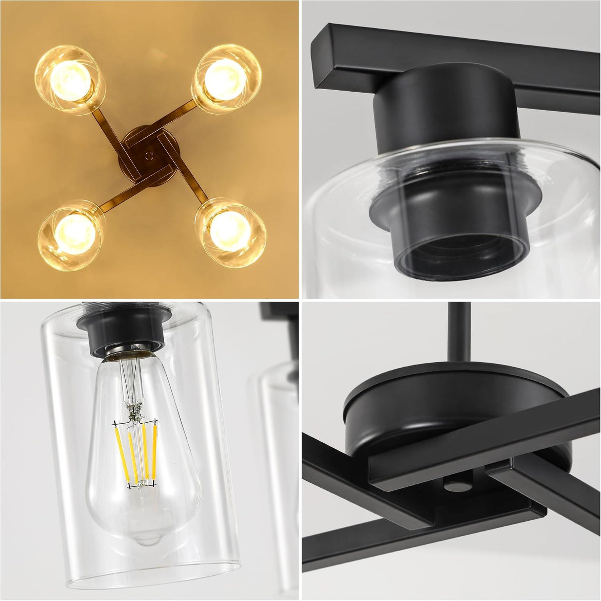 4-Light Black Farmhouse Chandelier, Adjustable Height Pendant Lighting