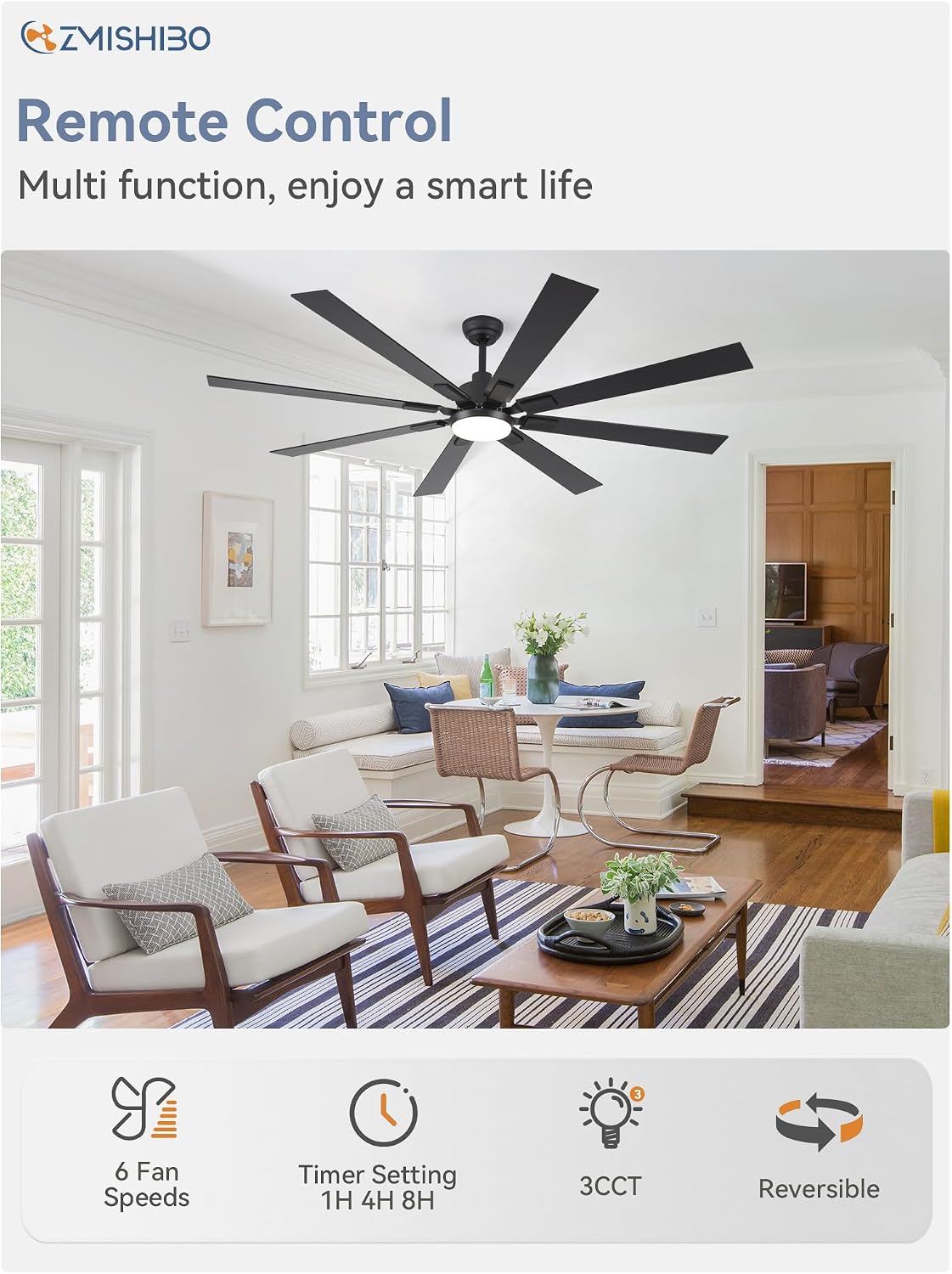 ZMISHIBO 72" Ceiling Fans with Lights for Patio, Living Room, Remote