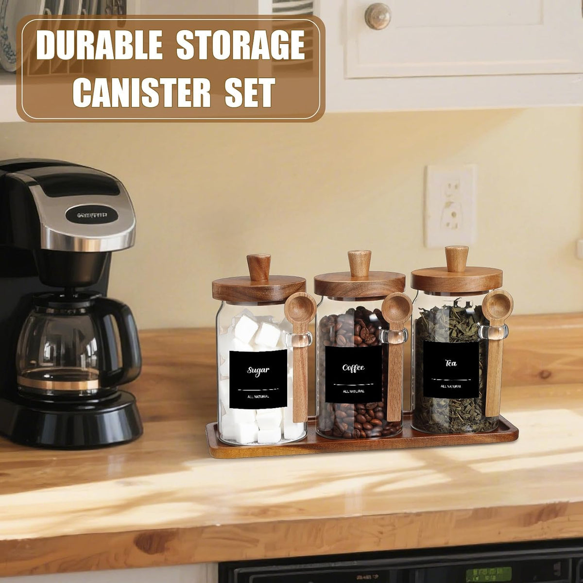 3 Pcs Glass Coffee Container Set, 25 oz, Acacia Brown