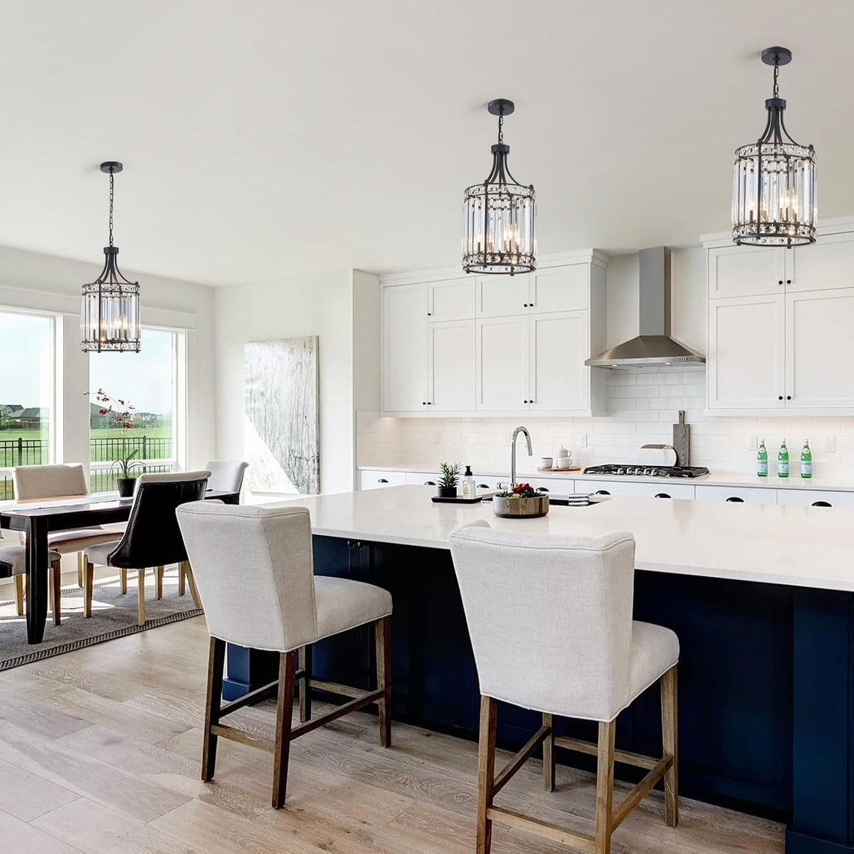 Lantern Crystal Chandeliers for Dining Room, Black 4 Light Farmhouse Geometri...