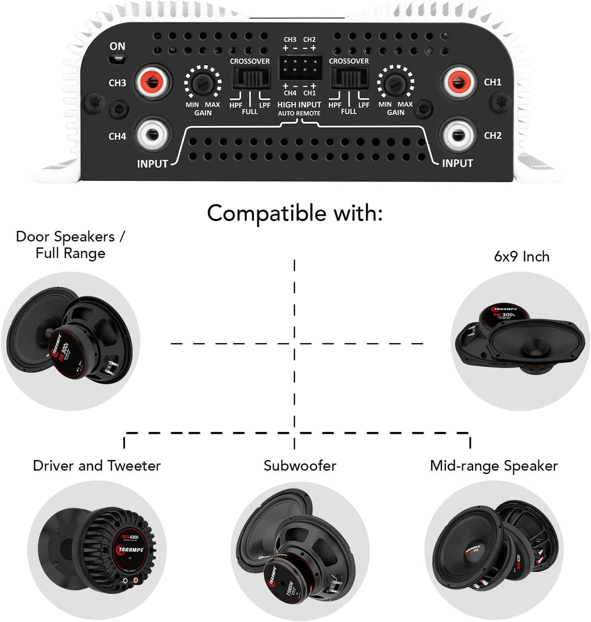 Taramps TS 1200 Watt Amp 4 Channel Amplifier Car Audio, Full Range Crossover ...