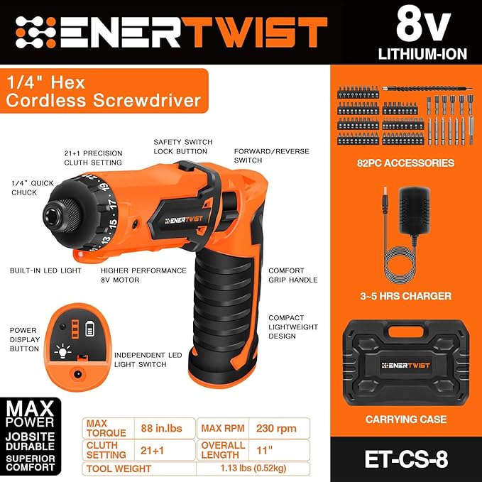 ENERTWIST Cordless Screwdriver, 8V Max 10Nm Electric Screwdriver Rechargeable