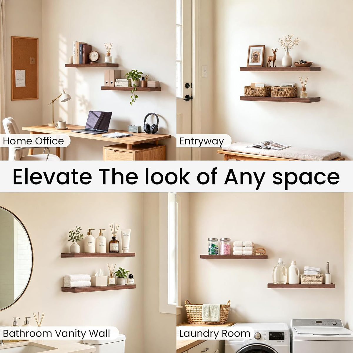 BAYKA Walnut-Like Floating Shelves 22.5in, 2 Pack, Wall Mounted Wall Decor