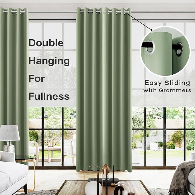 KOUFALL Green Curtains 108 Inches Long, Boho Room Darkening Thermal Blackout