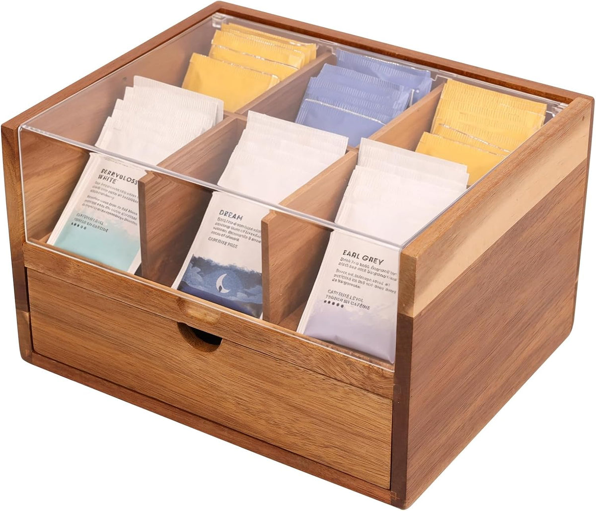 HTB Acacia Wood Tea Organizer 2 Tier with Drawer,Large Capacity