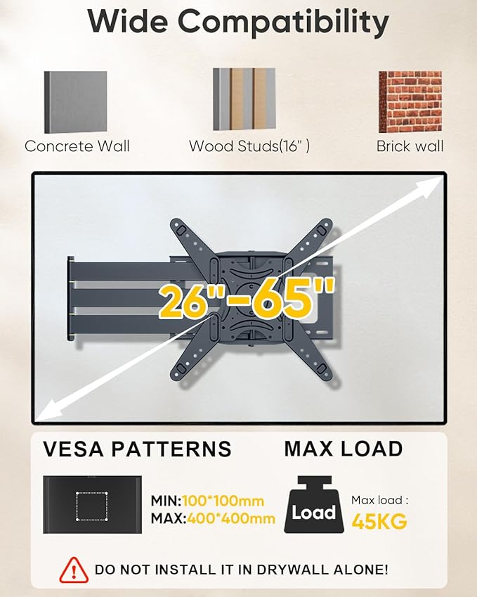 Extra Long Arm TV Wall Mount 48'' Extension, Rotating TV Wall Mount 1...