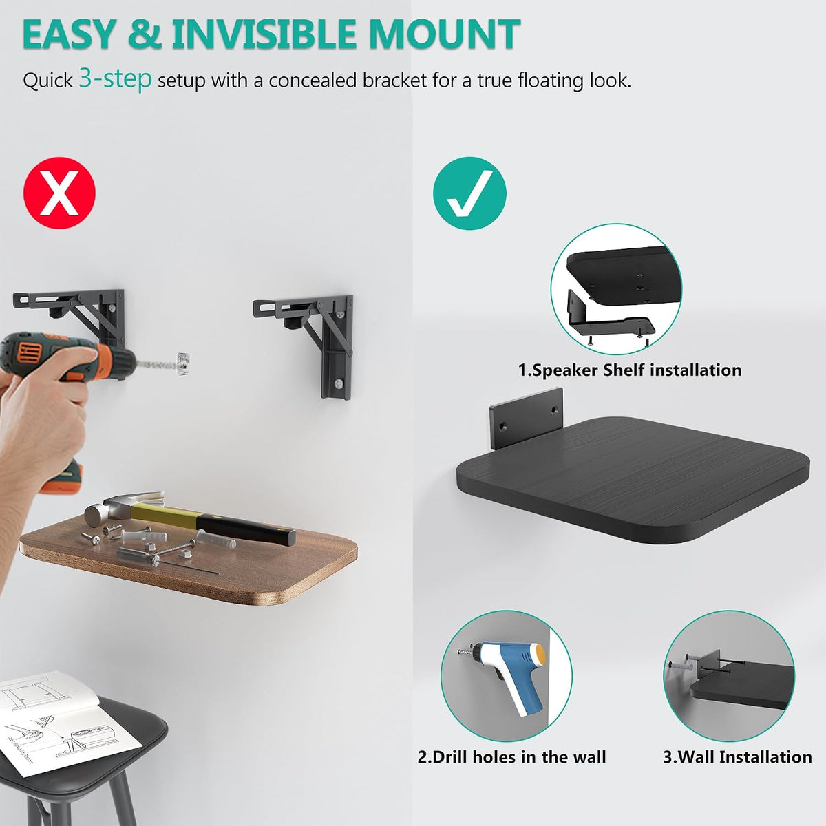 WALI Surround Sound Speaker Wall Mount, 1 Pair Heavy Duty Floating Shelf