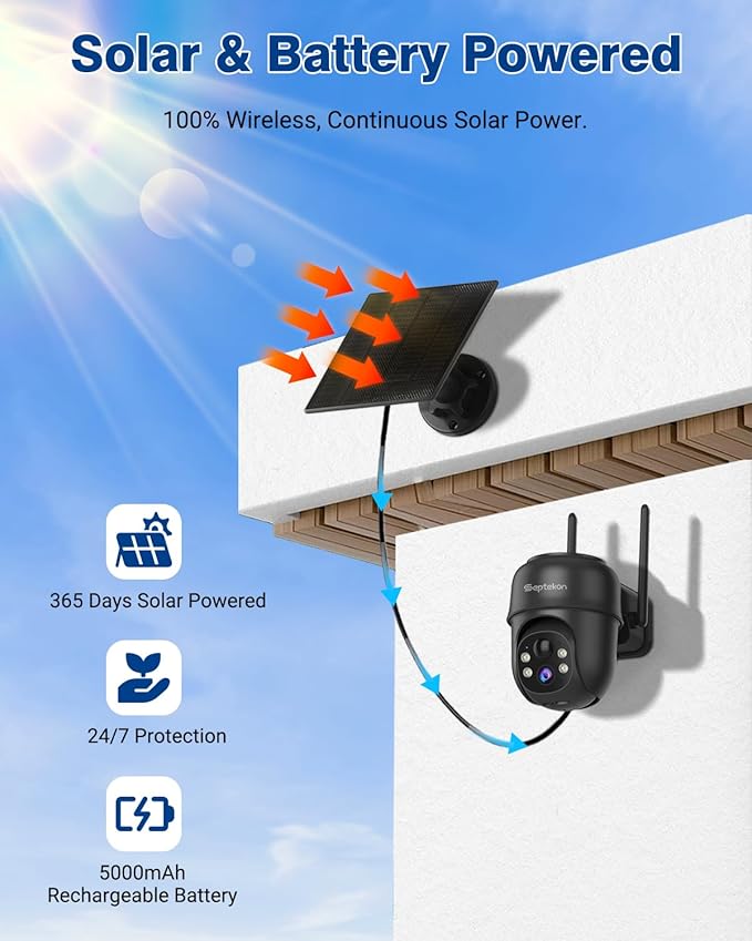 Septekon 2K Solar Security Cameras Wireless Outdoor 2 Pack, 360°PTZ Battery