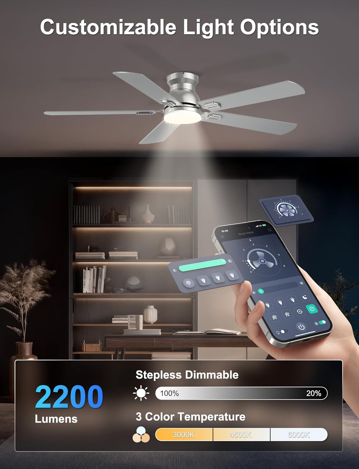 52'' Silver Flush Mount Ceiling Fan with Lights for Bedroom