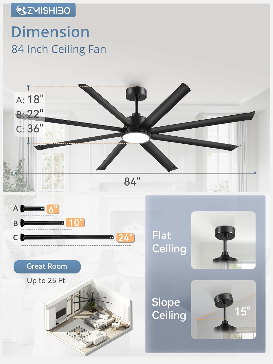 ZMISHIBO 84 Inch Ceiling Fans with Lights,8 Aluminum Reversible Blades