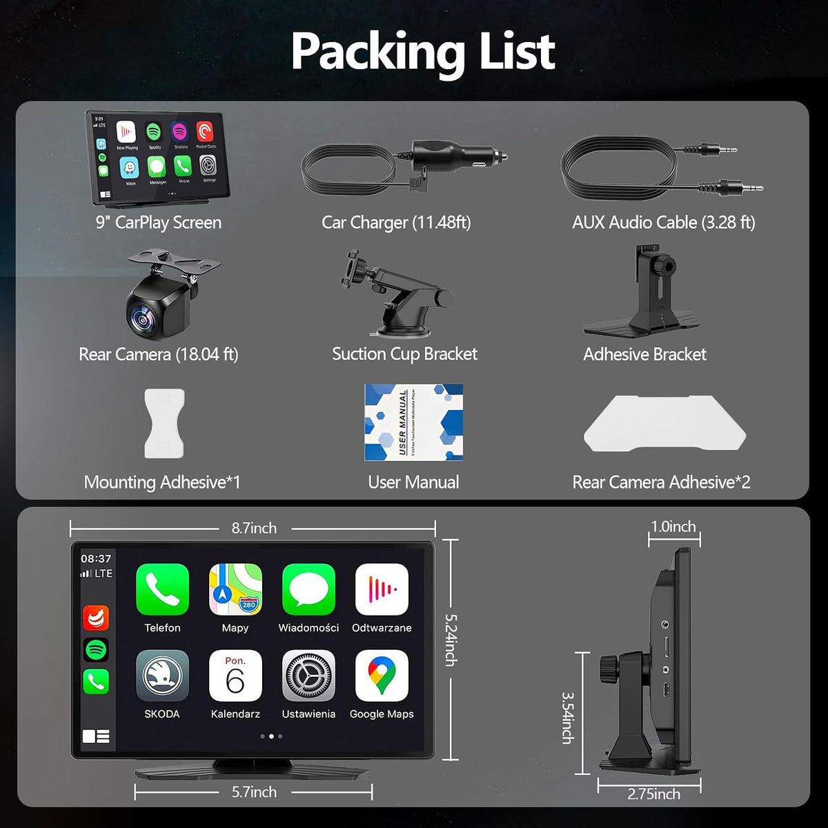 9" Wireless CarPlay Screen with Apple Car Play & Android Auto for Ca...