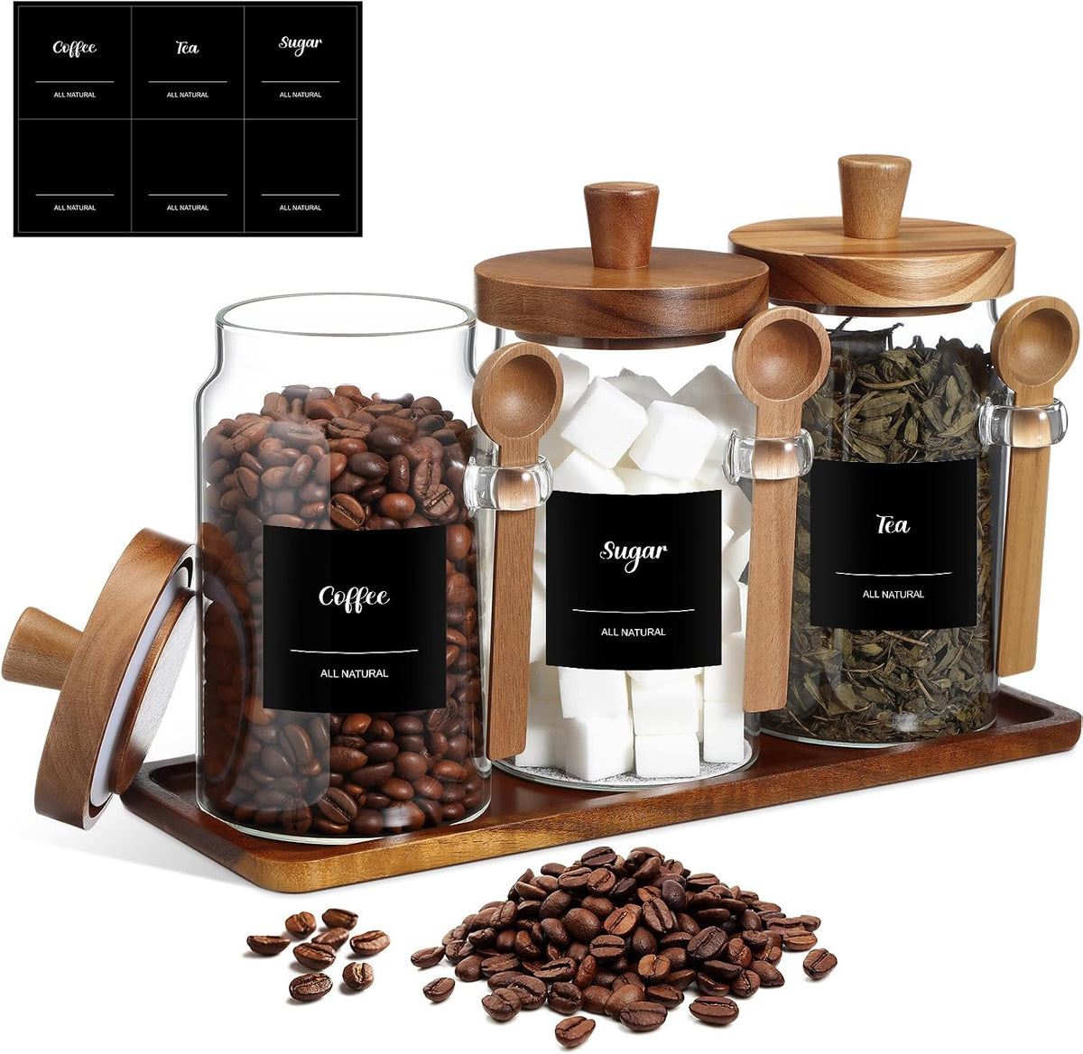 3 Pcs Glass Coffee Container Set, 25 oz, Acacia Brown