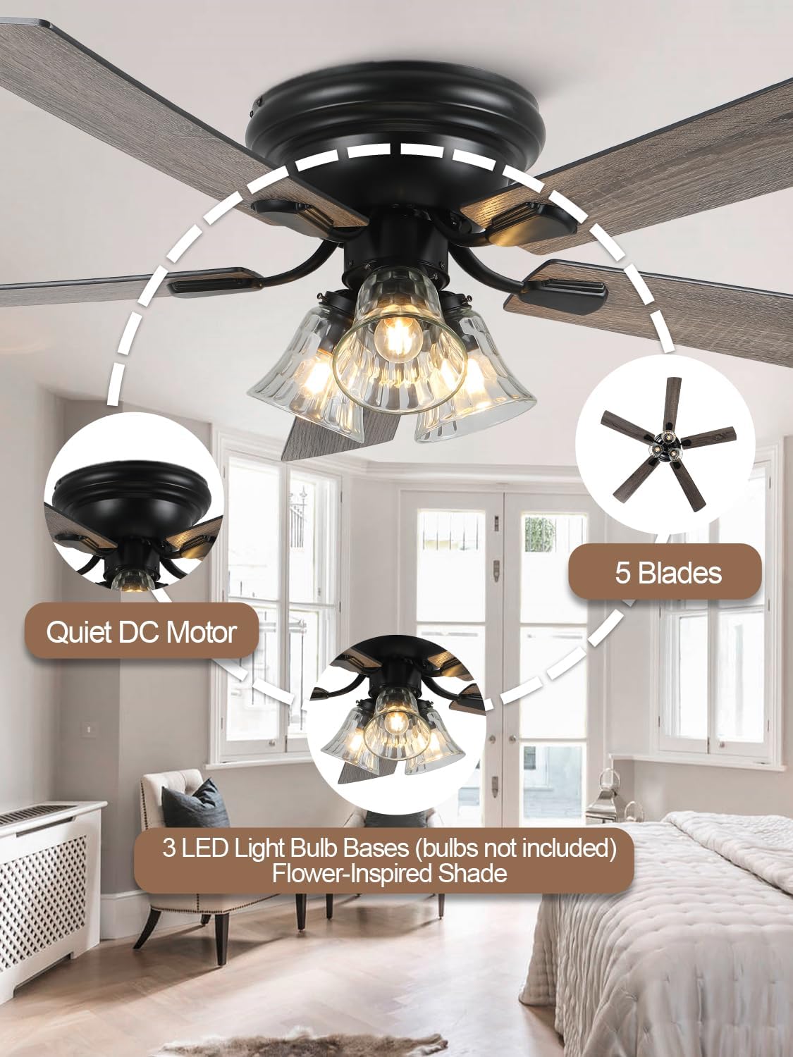 52 Inch Vintage Flush Mount Ceiling Fan with Lights and Remote