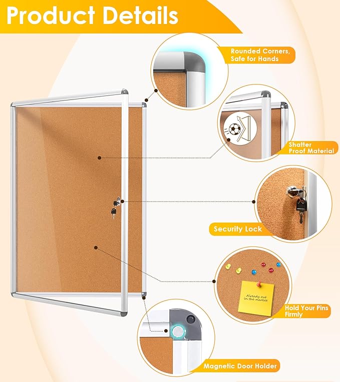 SWANCROWN Enclosed Bulletin Cork Board 36x24 in, Lockable Bulletin Board