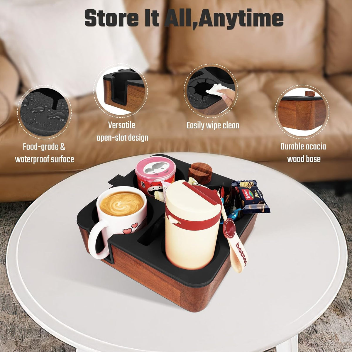 Couch Cup Holder Tray, Real Acacia Wooden Caddy with Soft Silicone, Snack and...
