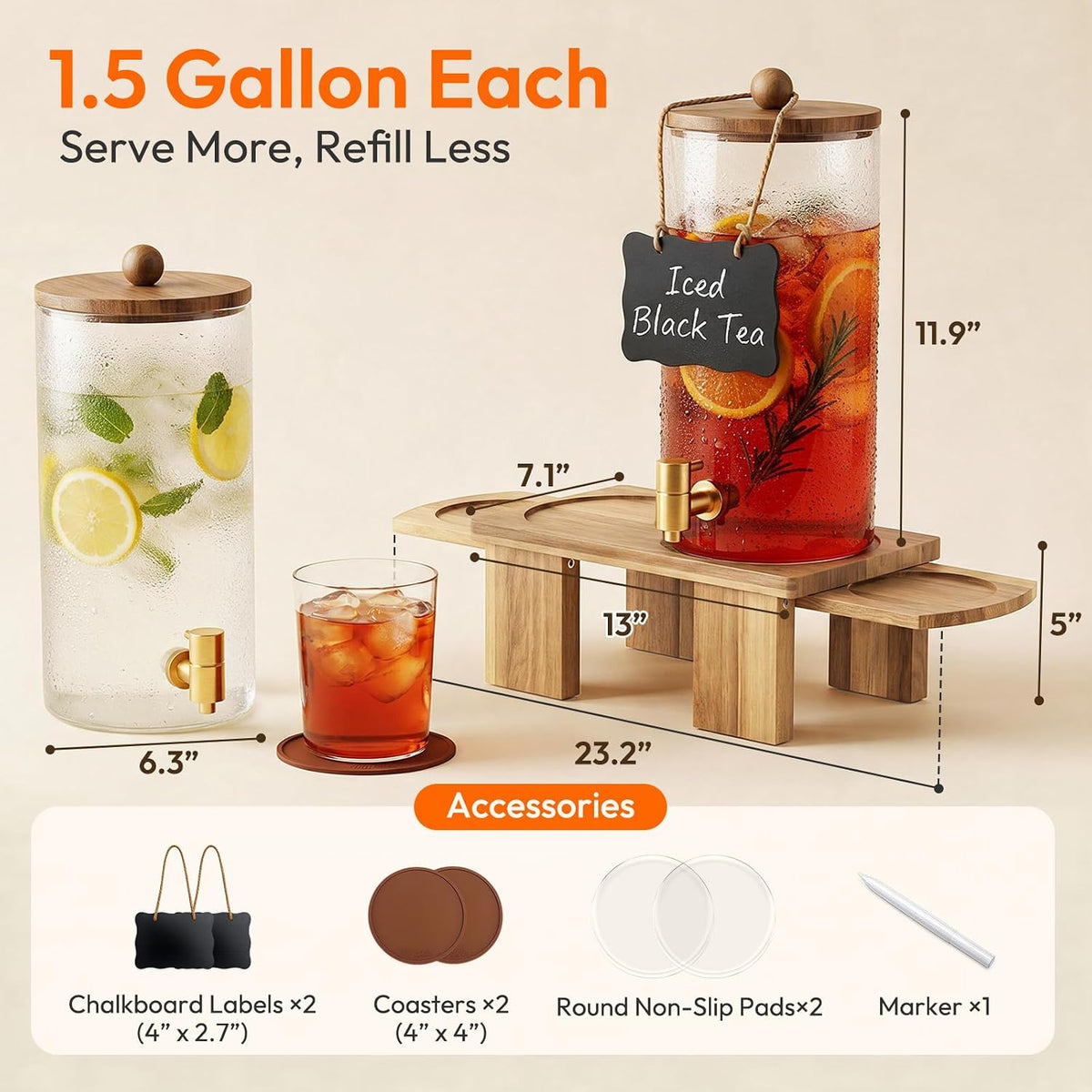 2 Pcs 1.5 Gallon Glass Drink Dispenser with Wood Stand & Pull-Out Cup Stand